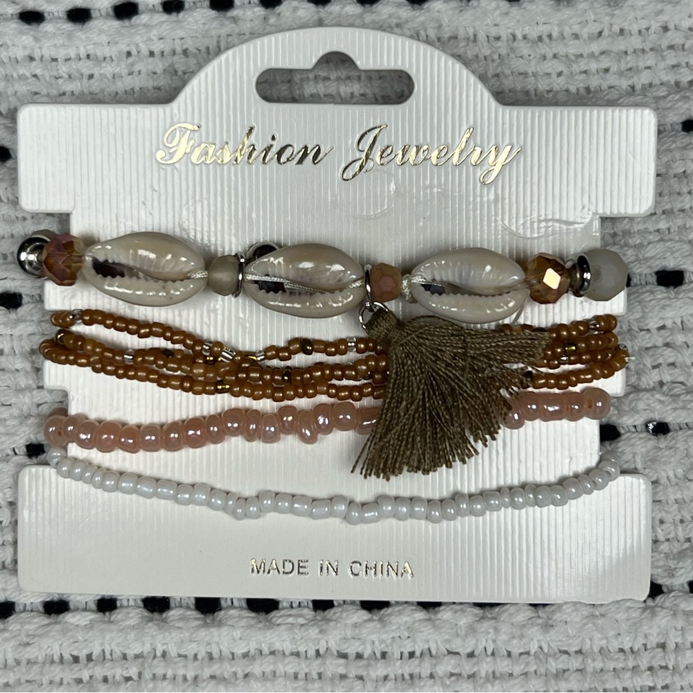 Boho Cowrie Shell Beaded Bracelet Set, elastic stretch bracelets, brown tassel - Picture 2 of 2